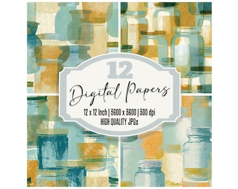 12x Halftone Preserves Junk Journal Paper Mint Gold Distressed Texture Digital Paper Pack Scrapbook Paper Papier Decoupes JPGs Download