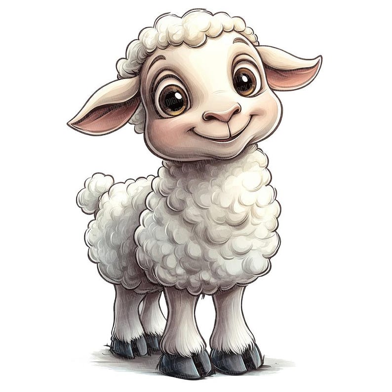 May include: A white cartoon lamb with a fluffy coat and big brown eyes. The lamb is smiling and looking to the right.