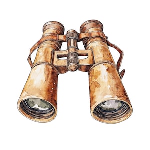May include: A pair of vintage brass binoculars with a brown leather strap. The binoculars have a worn, antique look and are perfect for adding a touch of rustic charm to your home decor.