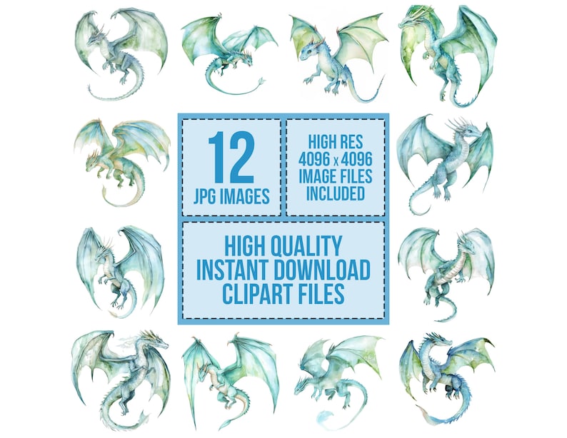May include: Twelve watercolor illustrations of blue and green dragons with wings spread. The dragons are in various poses, some with their heads turned and others with their wings spread wide. The illustrations are set against a white background.