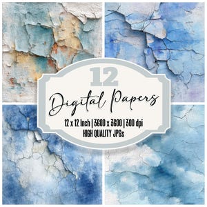 Op de afbeelding: Een digitale kunstcollectie met vier getextureerde achtergronden met een verweerd, gebarsten verfeffect in tinten blauw, wit en oker. De afbeelding bevat de tekst "12 Digital Papers" en details over de grootte en resolutie.