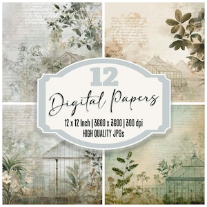 Könnte beinhalten: Eine Sammlung von 12 digitalen Papieren mit einem Vintage-Botaniker-Thema. Jedes Papier zeigt eine weiche, gedämpfte Farbpalette mit Bildern von Gewächshäusern, Pflanzen und handschriftlichen Schriftzügen. Die Papiere sind 30.48 x 30.48 cm und hochwertige JPGs.