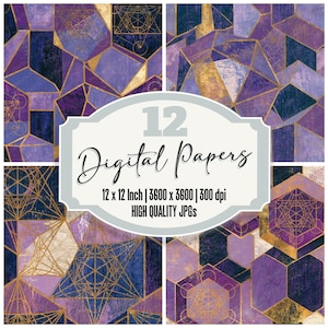 May include: A collection of 12 digital papers featuring geometric patterns in shades of purple, dark blue, and gold. The text reads 12 Digital Papers, 12 x 12 Inch | 3600 x 3600 | 300 dpi, HIGH QUALITY JPGs. The designs include intricate gold line art.