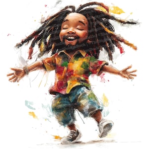 12 Dancing Reggae Man Clipart, Cartoon Music Character, Printable Watercolor Clipart, Paper Crafts, Wall Art, Digital Download,Junk Journals