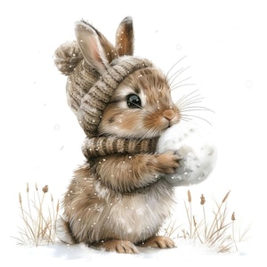 Winter Bunny PNG Clipart, 12x Cute Snowball Rabbit Clip Art Set, Printable Watercolor Clip Art, Digital Download, Transparent Background PNG