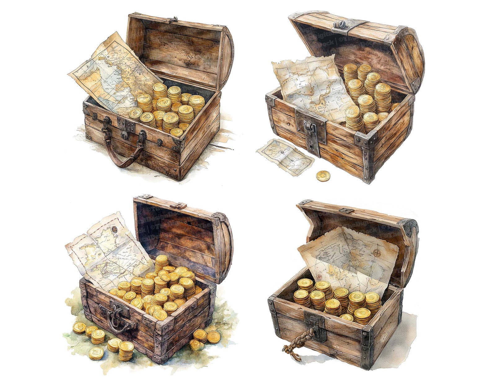 Treasure Map Chest Clip Art, 12x Gold Coins Maps Clipart Set, Printable ...