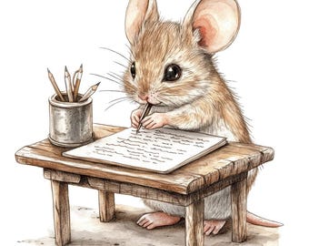 Mouse Writing at Desk PNG Clipart, 12x Mice Writing Clip Art Set, Printable Watercolor Clip Art, Paper Crafts, Digital Download