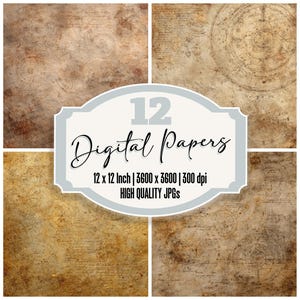 May include: A collage of four digital papers with a vintage, aged aesthetic. The papers have a textured, parchment-like appearance with subtle patterns and markings. A central label reads "12 Digital Papers" with size and quality details.