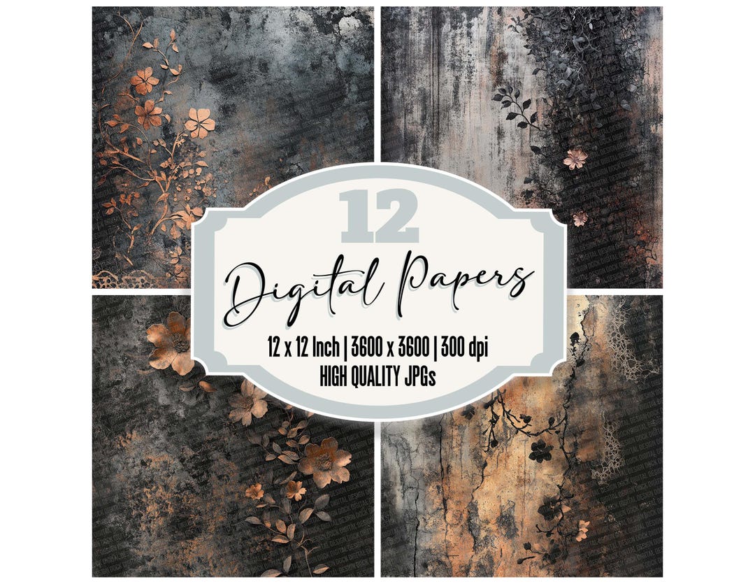 12x Dark Floral Grunge Junk Journal Paper Copper Flower