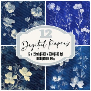 12x Cobalt X-Ray Florals Junk Journal Paper Vintage Digital Paper Pack Blue Botanical Sketch Textures High Quality JPGs Digital Download