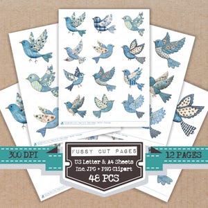 May include: Sheets of paper with blue bird illustrations. The birds have patterned wings and bodies in various shades of blue. The image includes the text "Fussy Cut Pages", "US Letter & A4 Sheets", "Inc. JPG + PNG Clipart", and "48 PCS".