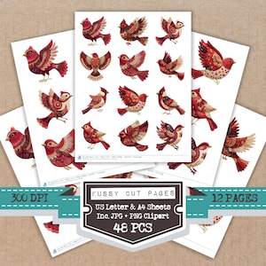 May include: Sheets of paper with red bird illustrations. The birds have detailed wing patterns and are in various poses. The image includes text that reads "Fussy Cut Pages", "US Letter & A4 Sheets", "Inc. JPG + PNG Clipart", "48 PCS", "12 PAGES", and "300 DPI".