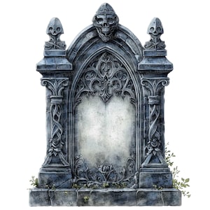 May include: A gray stone gothic archway with a skull at the top and ornate carvings. The archway is set against a white background.
