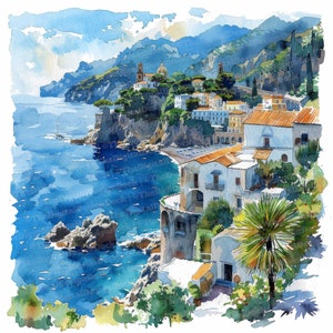 Côte amalfitaine Clipart, 12 JPG, clipart Italie côtière, clipart aquarelle imprimable, créations en papier, art mural, téléchargement numérique, journaux indésirables