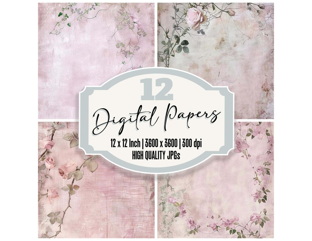 Vintage Rose Digital Paper Pack, 12x Romantic Junk Journal Paper, Ivy ...
