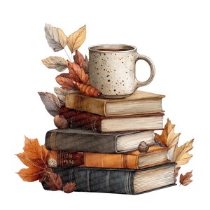 K&ouml;nnte beinhalten: Aquarellillustration eines B&uuml;cherstapels mit einer gefleckten Tasse Kaffee. Herbstbl&auml;tter in Orange, Braun und Gold umgeben die B&uuml;cher und die Tasse und schaffen ein gem&uuml;tliches, saisonales Thema. Die B&uuml;cher sind in verschiedenen Gr&ouml;&szlig;en.
