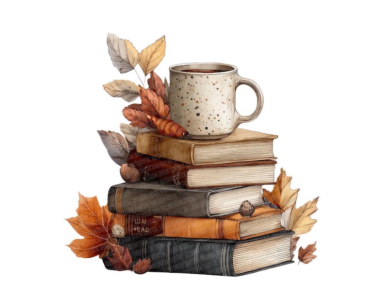 K&ouml;nnte beinhalten: Aquarellillustration eines B&uuml;cherstapels mit einer gefleckten Tasse Kaffee. Herbstbl&auml;tter in Orange, Braun und Gold umgeben die B&uuml;cher und die Tasse und schaffen ein gem&uuml;tliches, saisonales Thema. Die B&uuml;cher sind in verschiedenen Gr&ouml;&szlig;en.
