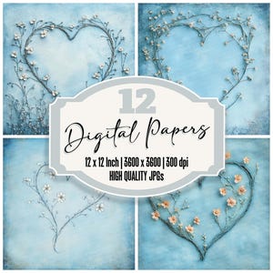 12x Papel de Diário Floral com Coração de Céu Bordado Pacote de Papel Digital JPGs de Alta Qualidade para Impressão Fundos de Scrapbook