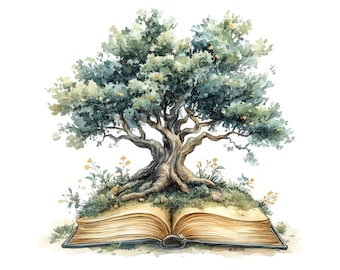 Può includere: Illustrazione ad acquerello di un albero che cresce da un libro aperto. L'albero ha un tronco spesso e strutturato e un fogliame verde lussureggiante. Le pagine del libro sono di un caldo colore dorato, con piccoli fiori gialli ed erba verde.