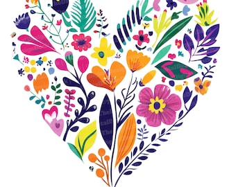 Heart Floral Clipart Set, 12 Vibrant Nature Illustrations, Printable Bold Shapes Clipart, High Quality JPGs, Digital Download, Paper Crafts