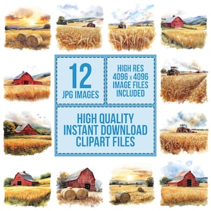 12 clipart ferme champ de blé, aquarelle récolte tracteur, clipart paysage rural, téléchargement numérique, créations en papier, art mural, journaux indésirables