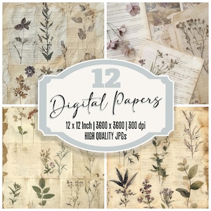 12x Botanical Herbarium Junk Journal Paper,Vintage Floral Digital Paper Pack,Aged Handwritten Backgrounds,High Quality JPGs,Digital Download