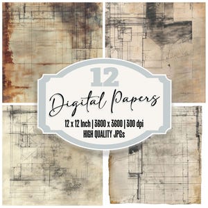 12x Abandoned Blueprints Junk Journal Paper, Grunge Digital Paper Pack, Aged Architecture Backgrounds, High Quality JPGs, Digital Download