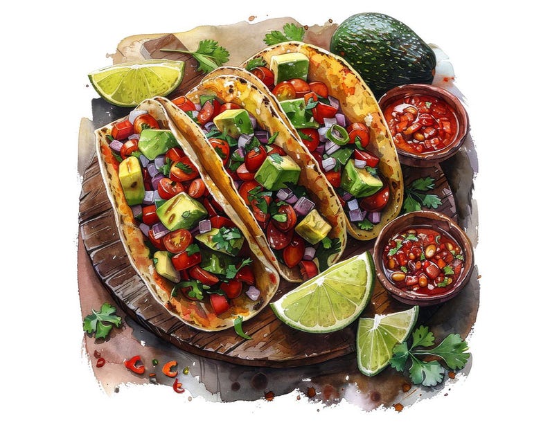 Taco PNG Clipart, 12x Mexican Food Clip Art Set, Printable Watercolor Taco Clipart, Transparent PNG, Digital Download, Fiesta Party Decor image 9