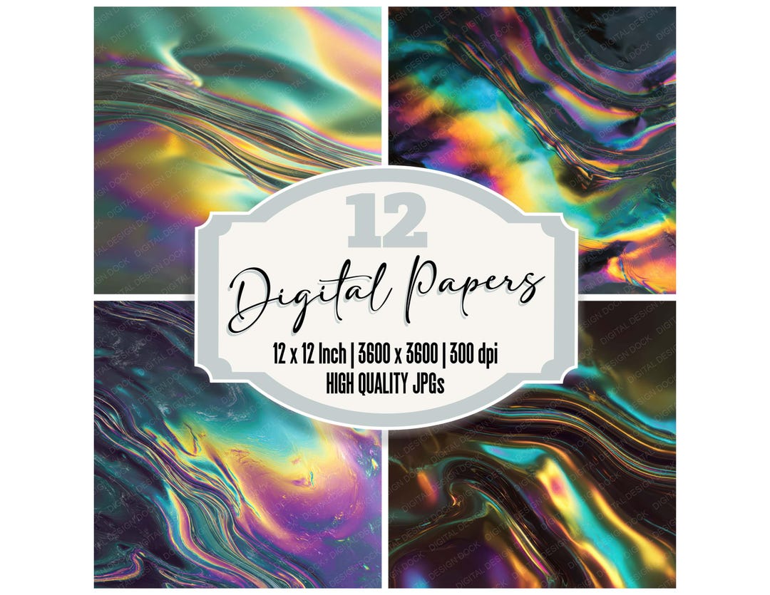 Slick Paper 12 Rainbow Oil Slick Digital Paper Iridescent Fluid Texture Junk ...