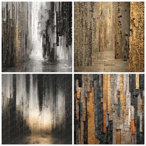 Peut inclure: Quatre impressions d'art abstrait pr&eacute;sentant des motifs verticaux textur&eacute;s. La palette de couleurs comprend des nuances de gris, de noir et de beige, certaines impressions int&eacute;grant des motifs num&eacute;riques. Les &oelig;uvres &eacute;voquent la profondeur et la texture.