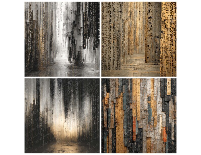 Peut inclure: Quatre impressions d'art abstrait pr&eacute;sentant des motifs verticaux textur&eacute;s. La palette de couleurs comprend des nuances de gris, de noir et de beige, certaines impressions int&eacute;grant des motifs num&eacute;riques. Les &oelig;uvres &eacute;voquent la profondeur et la texture.