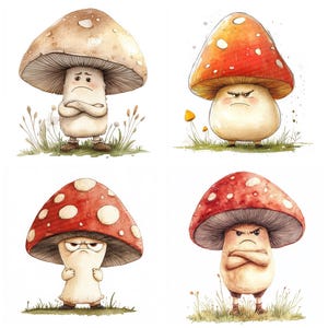 12 x Angry Toadstool png-clipart, aquarel knorrige paddestoel png-set, afdrukbare cartoon paddestoel illustraties, digitale download voor ambachten png