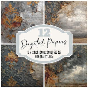 May include: A collage of four digital paper designs with a vintage aesthetic. The papers feature distressed textures, faded colors, and ornate floral patterns in shades of gray, brown, and gold. The text reads "12 Digital Papers, 12 x 12 Inch, High Quality JPGs."