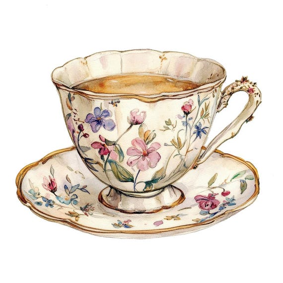 Vintage Teacup PNG Clipart, 12x Floral China Teacup Clip Art Set, Watercolor Tea Cup Illustration,Digital Download,Junk Journal,Scrapbooking
