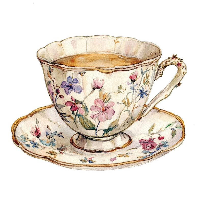 May include: A vintage teacup and saucer with a floral pattern in shades of pink, blue, and green. The cup is filled with tea and the saucer has a gold rim.
