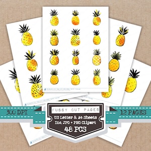 Könnte beinhalten: Papierbögen mit Aquarell-Ananas-Illustrationen. Jede Ananas ist gelb mit einer grünen Krone. Der Text auf dem Bild lautet "Fussy Cut Pages", "US Letter & A4 Sheets", "Inc. JPG + PNG Clipart", "48 PCS", "12 PAGES" und "300 DPI".
