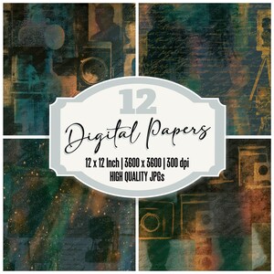 Può includere: Una collezione di 12 carte digitali con texture astratte in nero e verde ottanio scuro, illustrazioni di fotocamere vintage e sovrapposizioni di testo. L'etichetta centrale mostra il testo 12 Digital Papers, 12 x 12 Inch, 3600 x 3600, 300 dpi, HIGH QUALITY JPGs.