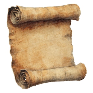 May include: An antique parchment scroll with a detailed, aged appearance. The paper is a warm tan color, with darker brown shading and rolled edges. The scroll is unwritten, suggesting a blank canvas for text or artwork.