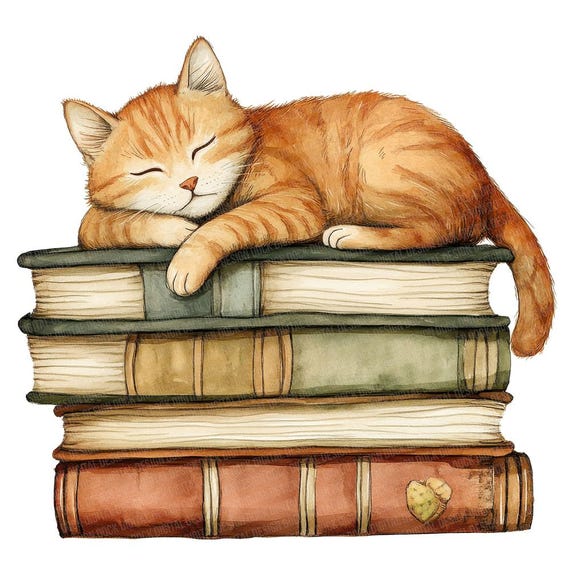 12x Cat Sleeping on Books PNG Clipart, Watercolor Cats Clip Art, Stacked Books Clipart, High Quality PNG/JPG, Digital Download, Junk Journal