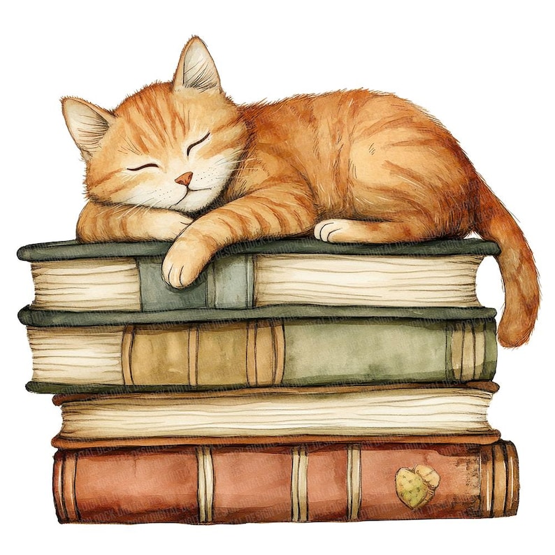 May include: A ginger cat is sleeping on top of a stack of vintage books. The cat is curled up with its head resting on its paws. The books are all different sizes and have a worn, aged look.
