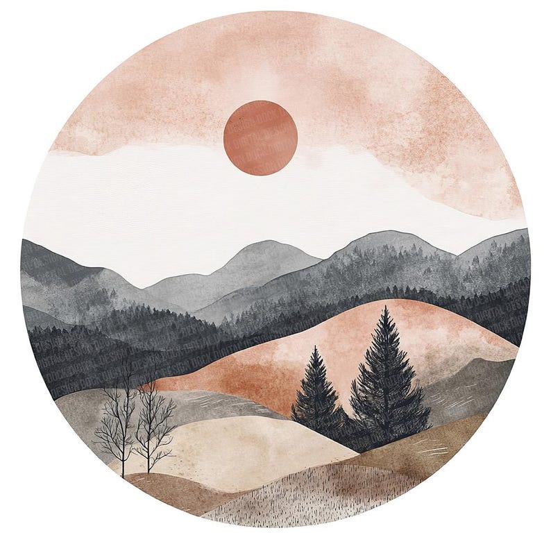 Pu&ograve; includere: Un dipinto ad acquerello di un paesaggio montano con un grande sole arancione nel cielo. Le montagne sono di un grigio e un marrone tenui, con alcuni alberi in primo piano. Il dipinto ha un'atmosfera morbida e sognante.