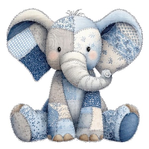 May include: A watercolor illustration of a patchwork elephant in shades of blue, gray, and tan. The elephant is sitting with its legs spread, ears open, and trunk curled. The patchwork design features various patterns and textures.