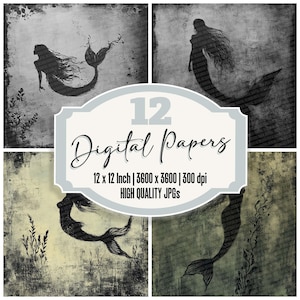12x Charcoal Mermaid Junk Journal Paper Vintage Digital Paper Pack Distressed Ocean Silhouettes Nautical Backgrounds Quality JPGs Download