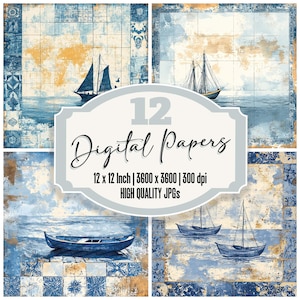 12x Portugal Tiles Junk Journal Papier Nautical Boat Digital Paper Pack Blau Gelbtöne Hohe Qualität JPGs Scrapbook Papier Download