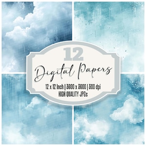 Puede incluir: Doce papeles digitales con un diseño de acuarela de nubes azules y lluvia. Los papeles miden 30,48 cm x 30,48 cm y 300 dpi.