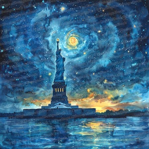 12x Estátua da Liberdade Clipart, Noite Estrelada Clipart, Clipart de aquarela para impressão, Arte de parede, Artesanato em papel, Download digital, Diários de lixo