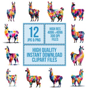 May include: A collection of twelve colorful llama clipart files in JPG and PNG formats. Each llama is painted with vibrant watercolor hues. The image includes text that says "HIGH RES 4096 x 4096 300 DPI FILES" and "HIGH QUALITY INSTANT DOWNLOAD CLIPART FILES."