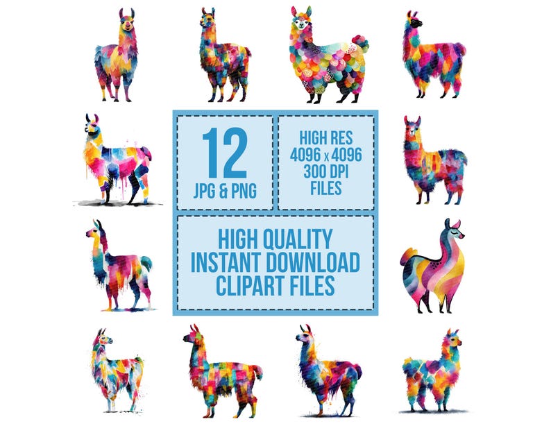 May include: A collection of twelve colorful llama clipart files in JPG and PNG formats. Each llama is painted with vibrant watercolor hues. The image includes text that says "HIGH RES 4096 x 4096 300 DPI FILES" and "HIGH QUALITY INSTANT DOWNLOAD CLIPART FILES."