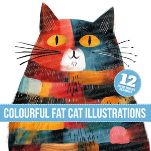 Bunte Fat Cats Clipart, 12 JPGs, Cartoon Katze Clip Art, druckbares Bild, Illustration, Wandkunst, digitaler Download, Junk Journals, Grafiken
