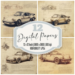 12 papeles digitales de autos deportivos, papel vintage para diario basura, bocetos de autos icónicos, fondos JPG de alta calidad, descarga digital imprimible